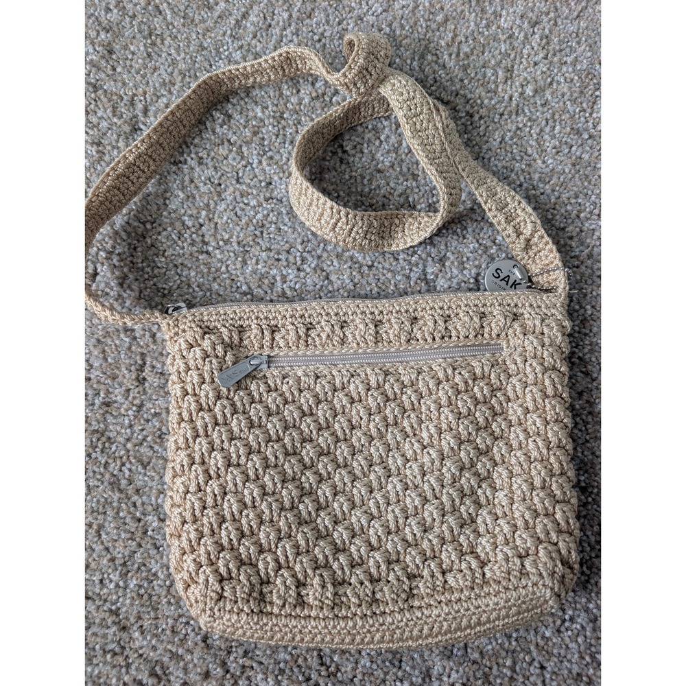 The Sak Original Crochet Crossbody Bag Beige Tan Boho Zip Small Purse